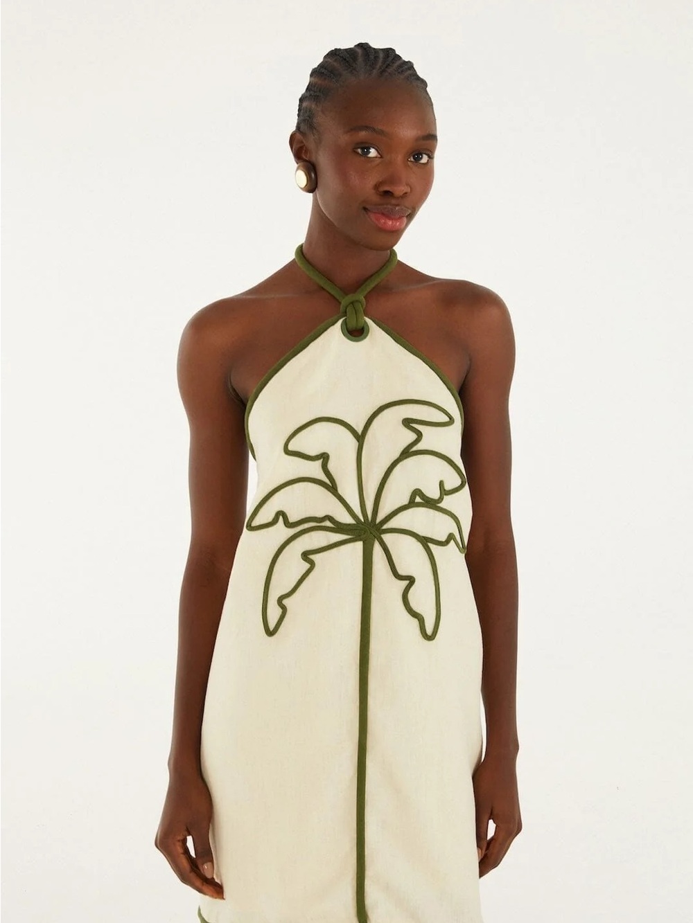 FARM Rio Cream Halter Cover-Up with Olive Trim and Palm Motif